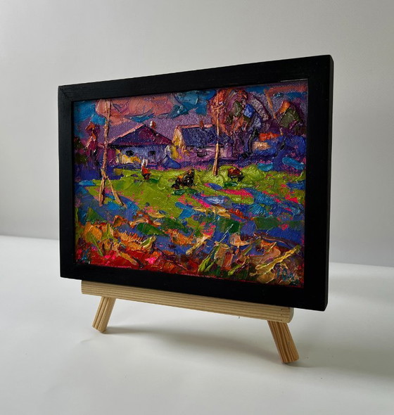 Original Oil Painting Rural Sunset Landscape Purple Evening In The Village – Paintings & Drawings, Canvas (photo 2 of 8)