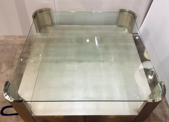 Image 1 of Caracole Modern Champagne Silver Square Coffee Table with Fluted Design, Large Contemporary Cocktail Table for Living Room