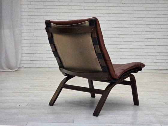 Image 1 of Anni '70, poltrona danese di Farstrup, mobili in pelle, tela, legno curvato.