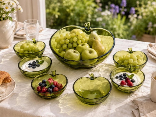 Vintage Groene Glazen Fruitschaal met 6 Dessertschaaltjes | Appelvorm | Jaren 70 Glazen Schalenset | Mid-Century Decor