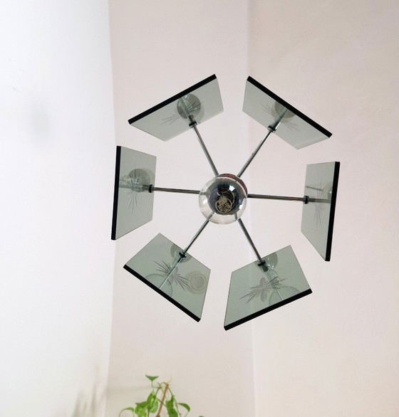 Image 1 of Mid-Century Modern Pendant Lamp, Made in Yugoslavia, EMI Poljčane, 1970s Modern Light, Green Smoked Glass, Space Age, Atomic Age