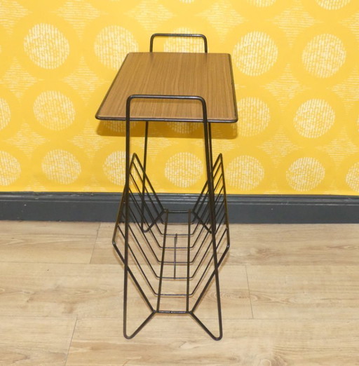 60s String newspaper stand teak look metal black newspaper table vintage retro