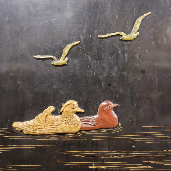 Image 1 of Armoire chinoise vintage en laque oiseaux fleurs (stéatite) armoire bohème / armoire orientale / armoire asiatique