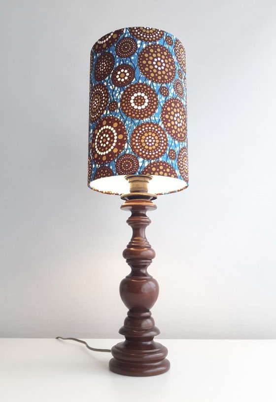Image 1 of Turned wooden vintage lamp base with handmade lampshade of African wax fabric