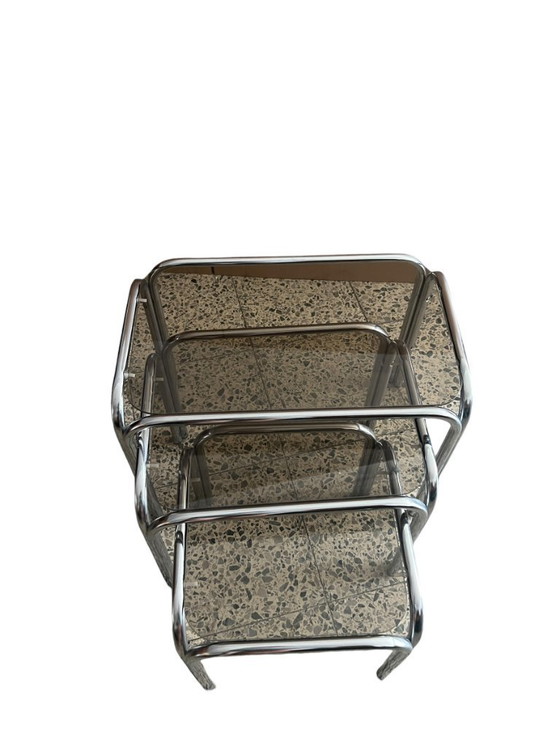 Image 1 of Vintage Chrome Nesting Tables with Smoked Glass | Set of 3 | Space Age Side Tables | 1970s Modernist Design