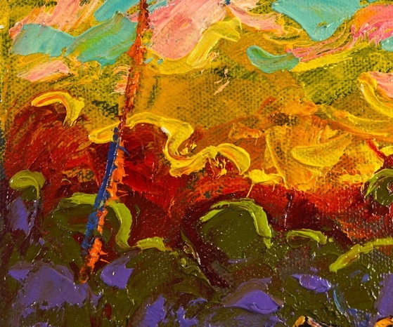 Image 1 of Original Oil Painting Sunset Nature Landscape Evening sky bathes the Earth