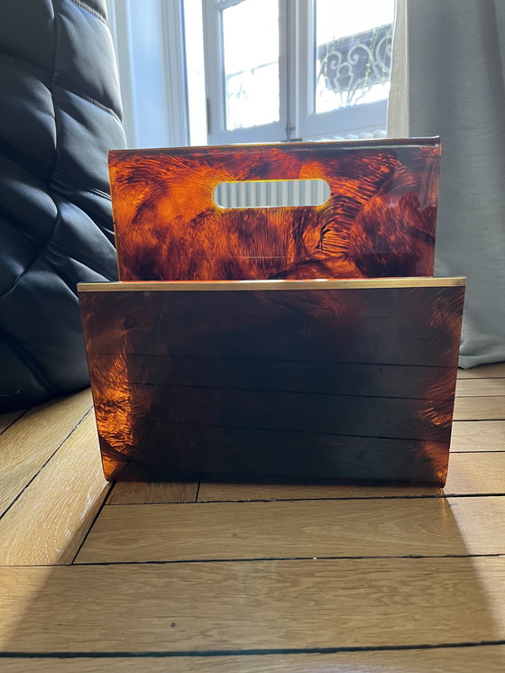 Image 1 of Portariviste vintage in plexiglass tartarugato e ottone — anni '70