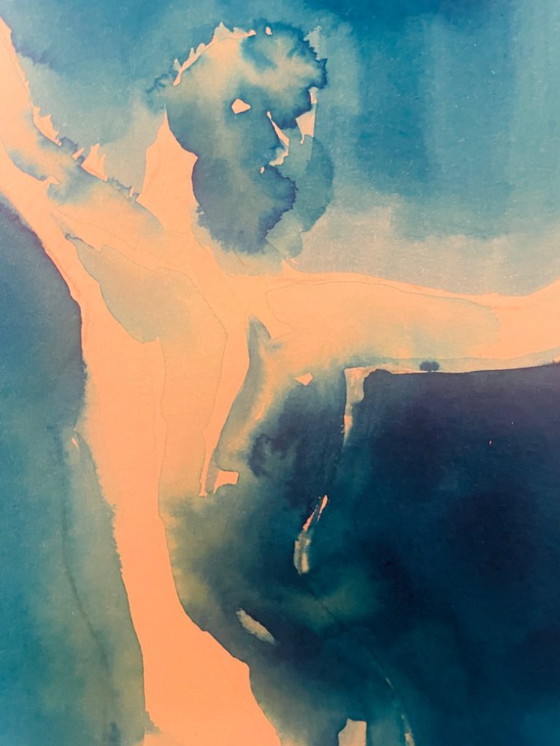 Image 1 of Monochroom blauw aquarel gesigneerd "Blue Lady" Dans