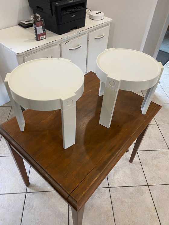 Paire De Tables Basse Appoint Chevet Gigogne Ronde Marc Held Pour Prisunic 1970 – Plastic (photo 14 of 15)