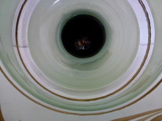 Image 1 of Plafonnier Art Déco, suspension en verre, années 1930, suspension en verre vert clair avec bande dorée, abat-jour pagode.