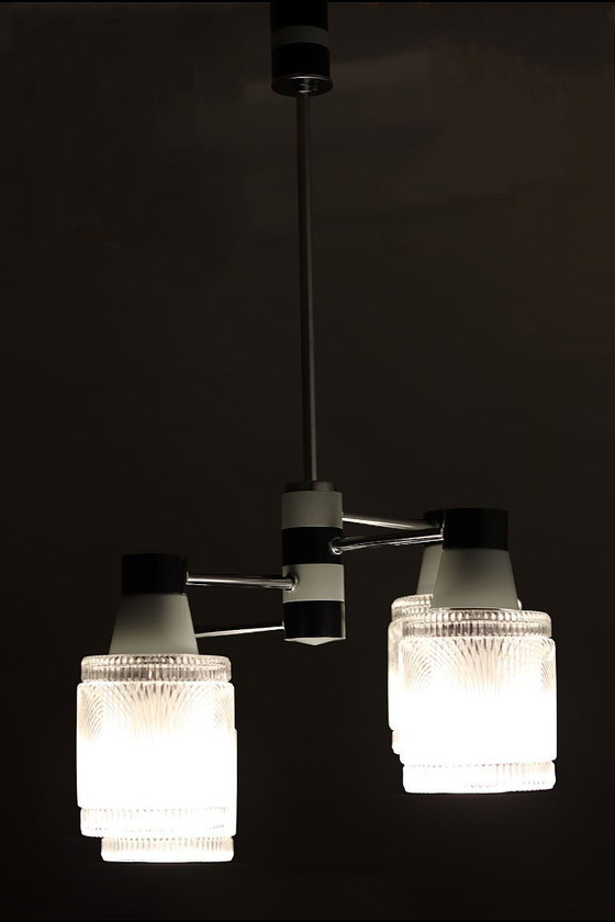 Image 1 of Drukov / Kroonluchter - Tsjechisch Mid Century Modern (jaren 1960, Kristal & Chroom, Draaibare Schaduwen)