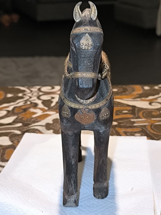 Beautiful vintage Indian Wooden horse - hand carved, Sculpture, Brass, Black (photo 2 of 11)