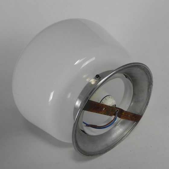 Art Deco ceiling light with round opaline shade, 1930s, Glass, Aluminium, White (photo 5 of 11)