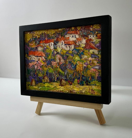 Original Oil Painting Evening Houses Landscape Edge of the Village – schilderijen tekeningen, Canvas (photo 2 of 8)