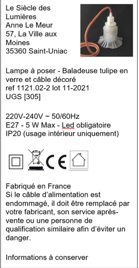 Image 1 of Lampada portatile vintage in vetro lavorato e cavo tessile intrecciato