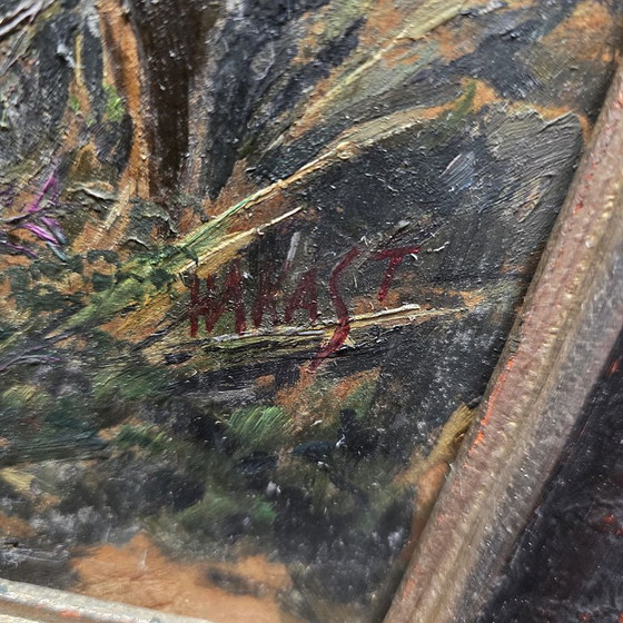 Image 1 of Tableau ancien représentant un cerf rouge dans la forêt, première moitié du XXe siècle