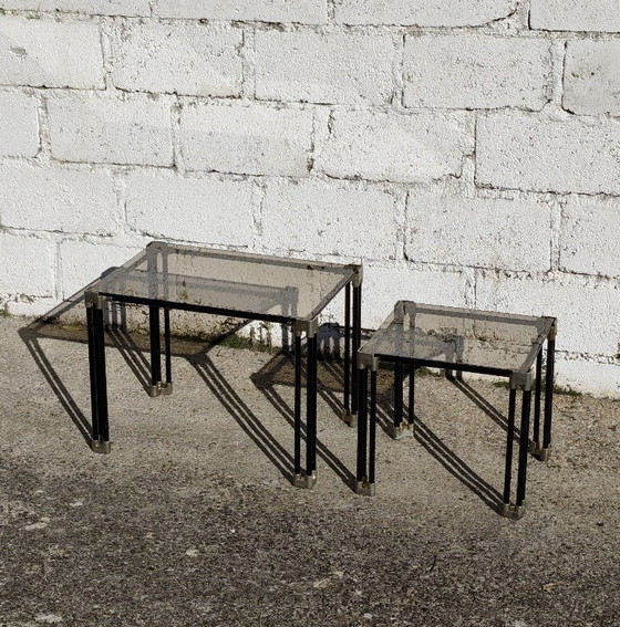 Tables gigognes en verre noir et or, Tables d'appoint, Métal, Vintage (photo 4 sur 15)