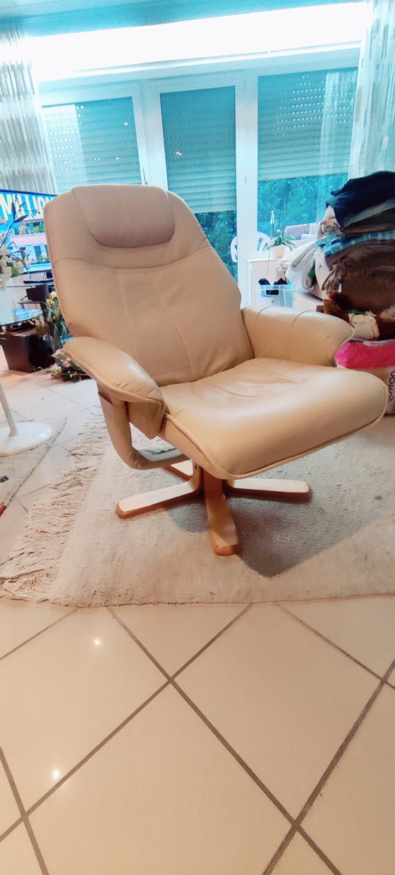 Verstellbarer Sessel aus Leder, Beige, Verstellbarer relaxsessel, Holz, Modern (Foto 3 von 7)