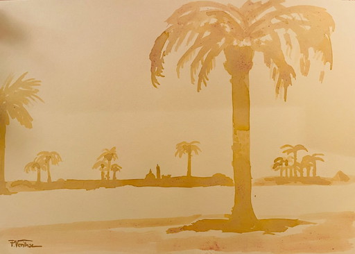 Watercolor painting of an Egyptian landscape, "Dawn on the Nile"