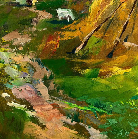 Image 1 of Original Oil Painting Rural Day Landscape Summer Village Life