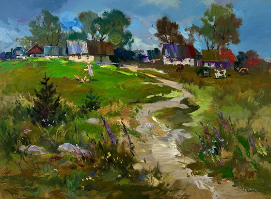 Image 1 of Original Oil Painting Summer Village Landscape Morning With Cows In Rustic