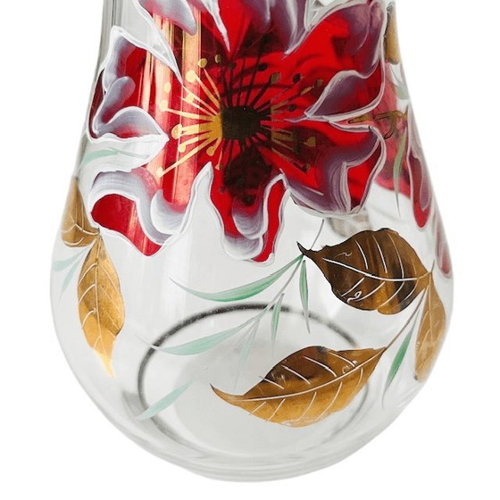 Image 1 of Vaso in vetro Art Déco con gigli dipinti a mano in rosso e oro, anni '30