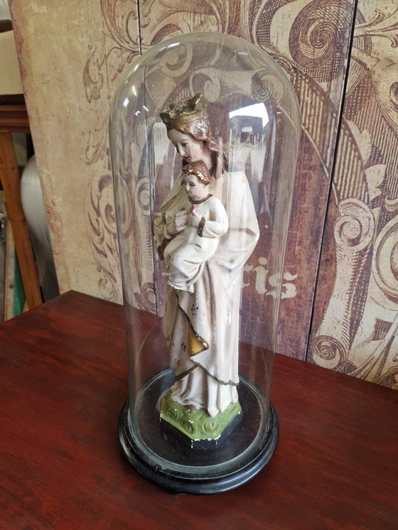 Image 1 of Antique bell jar with statue of Mary 55x25