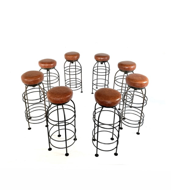 Image 1 of 8x vintage bar stool, wrought iron & leather '80s