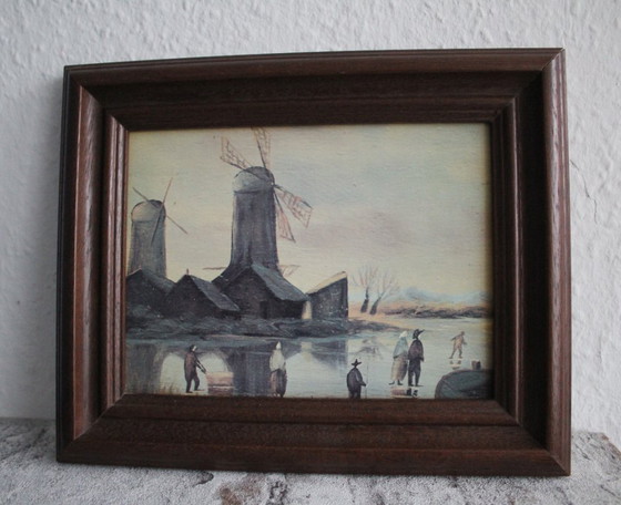 Image 1 of Kleines stimmungsvolles Bild im Massivholzrahmen, Motiv Windmühlen im Winter, unsigniert, Druck, ca. 1960