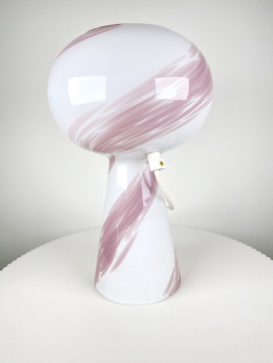 Image 1 of Vintage Murano Glass Mushroom Globe Medium-Size Table Lamp in White Opaline with Light Rose Pink Swirl