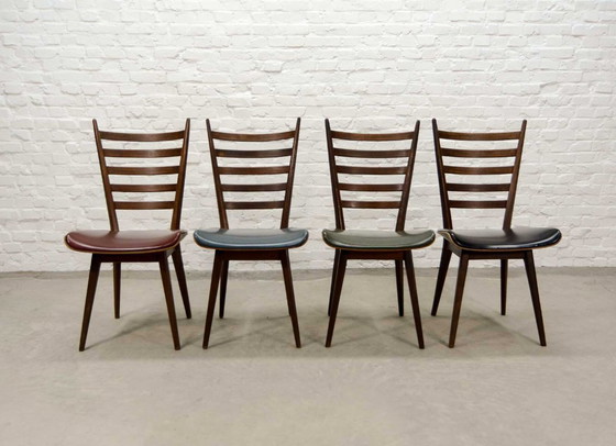 Image 1 of Set of Four ‘Quattro Colori’ Teak and Leatherette Dining Chairs in Style of Cees Braakman. The Netherlands, 1960s.