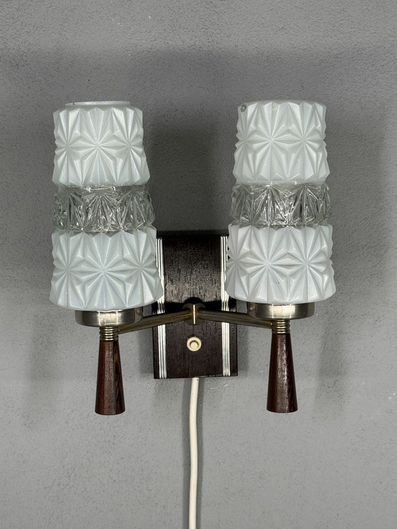 Image 1 of Vintage Wall Lamp 1950s-60s - Glass & Wood Design Classic