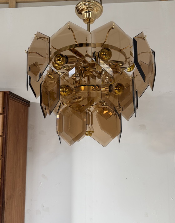 Image 1 of Vintage hexagon rookglazen kroonluchter, Italië ‘70