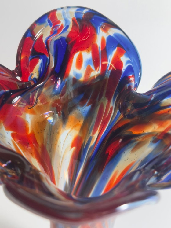Image 1 of Murano confetti glass flower vase, blue and orange speckled, 1970s mid-century vase, Italy