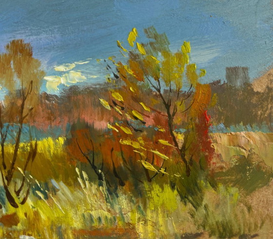 Image 1 of Original Oil Painting Autumn River Landscape River in golden foliage