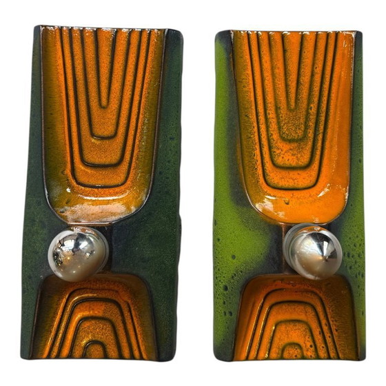 Image 1 of Vintage Set of Ceramic Wall Lamps Light Orange & Green Hustadt Leuchten, Germany 1960