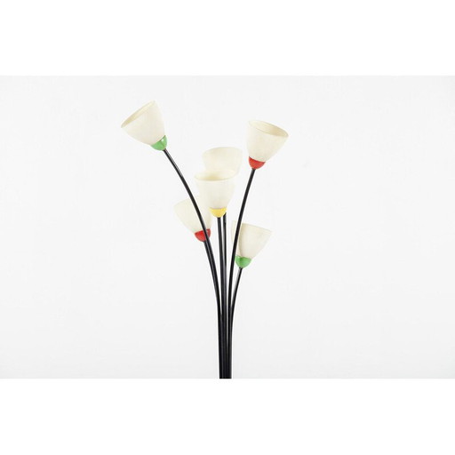 Vintage Franse 6-lichts vloerlamp van glas en metaal 1950