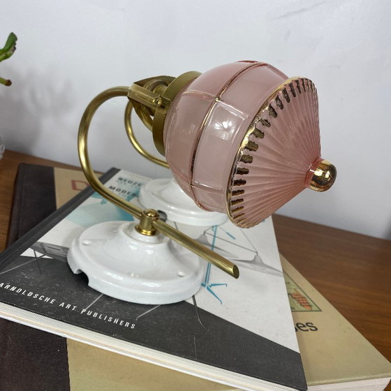 Pair of Antique Brass Swan Neck Wall Sconces, Vintage Pink Glass Globes and Gilding, Porcelain Rosettes (photo 5 of 9)
