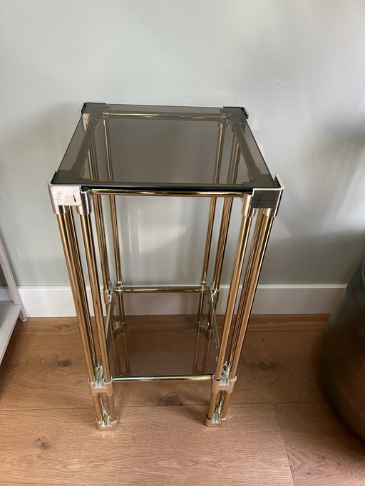 Vintage brass side table with smoked glass in 1970s style (Hollywood Regency)