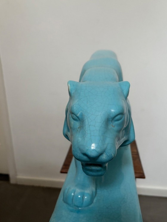 Image 1 of Gran puma de cerámica, intacto, turquesa, original Art Déco 1920-1939 L&V Ceram