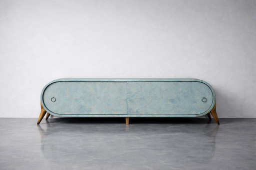 Vintage Mid-Century Modern Italian Turquoise Streamline Sideboard in Birch, 1960s