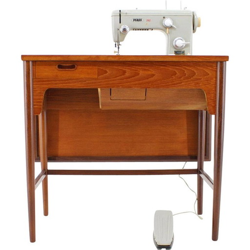 Tavolo da cucito vintage in teak con macchina da cucire incorporata, Danimarca anni '60
