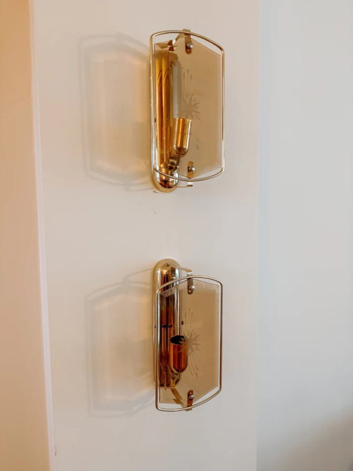 Vintage glass brass wall lamps, set of 2