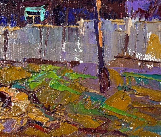 Image 1 of Original Oil Painting Evening Village Landscape The sky at dusk