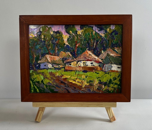 Originales Ölgemälde: Sommerhäuser, Landschaft am Dorfrand