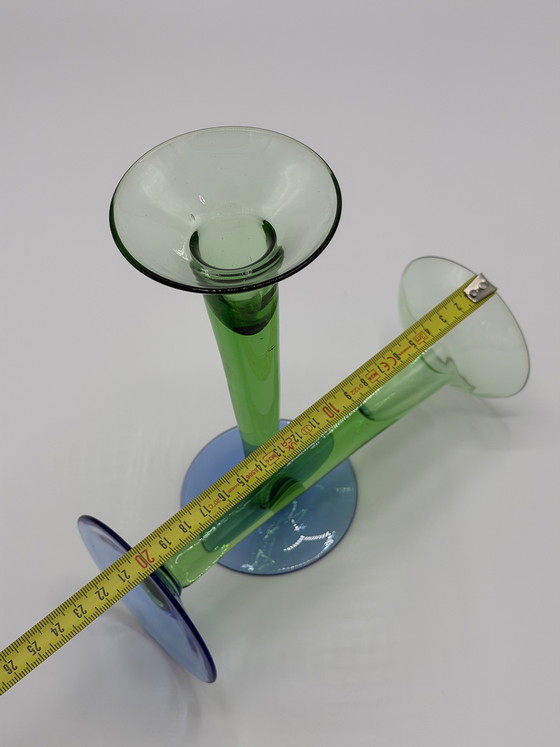 Image 1 of Holmegaard vintage set of designer glass candlesticks – green/blue
