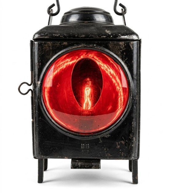 Spoorwegsignaallamp, zwart met rood glas, Tafellampen, Metaal, Vintage (foto 4 van 5)