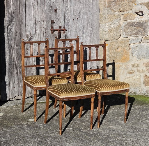 Set of 4 Antique handcarved Walnut Chairs - Upholstered wooden Side Chairs-Claude Sené Style Louis XVI-late 1900th