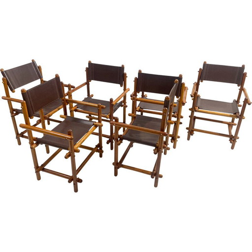 Satz von 6 italienischen Holz- und Lederstühlen aus der Mitte des Jahrhunderts, 1960er Jahre