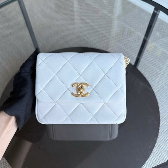 Image 1 of Chanel Classic Flap Mini Square - 17CM Quilted Lambskin White Gold Hardware Microchip